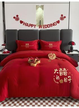 大豆被春秋被四季通用大红婚庆结婚床上用品红色喜被冬被红色被芯