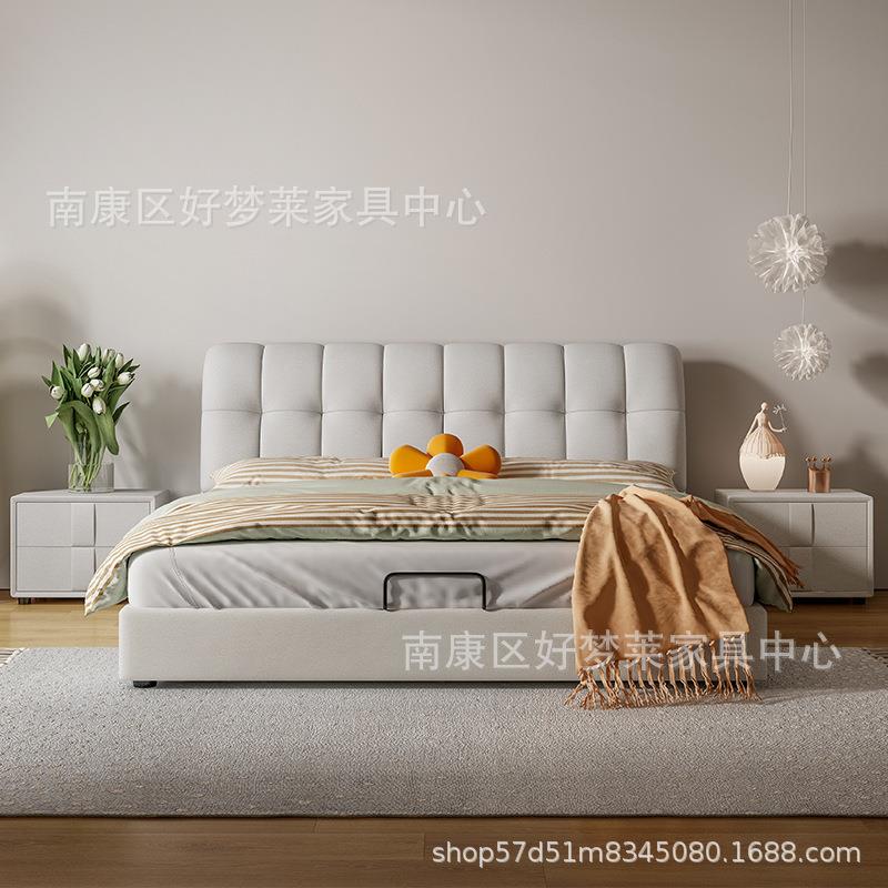 现代布艺皮床主卧双人婚床轻奢实木现代简约科技布床1.5米奶油风
