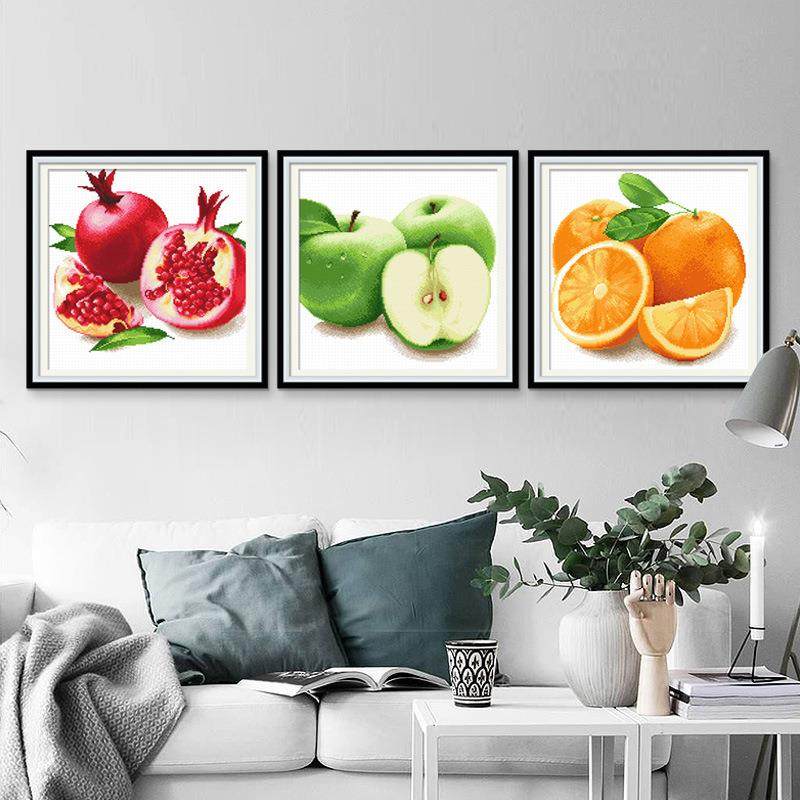 十字绣水果三联画餐厅手工家用客厅款简约现代2019线绣新款自己绣