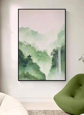 玄客关瀑水墨风景高山流水厅酒店书房绿色中青山布挂画A188vJ8S新