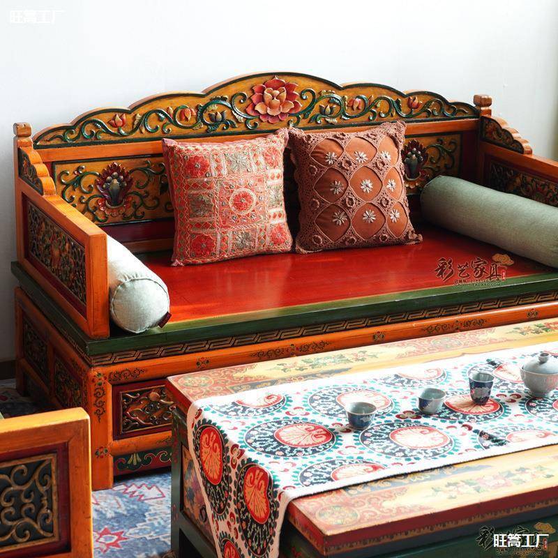 藏式家具实雕花木客沙发床藏彩绘罗汉185床民族宿栈家具做旧手绘
