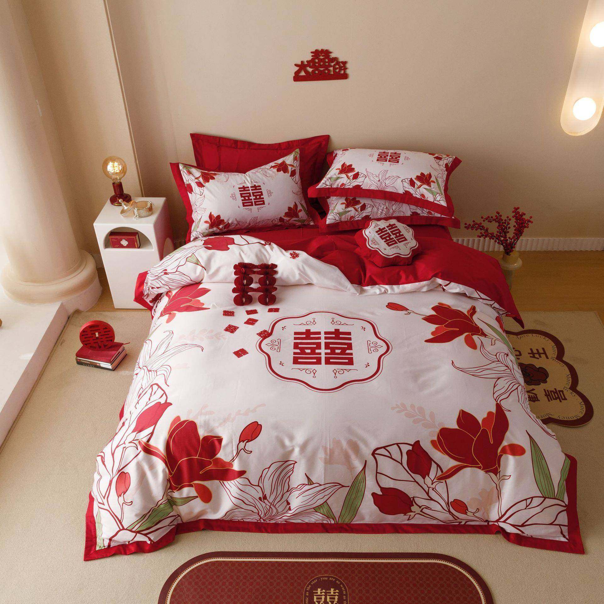 中JL1037国风大红色结婚四件套棉纯棉被套.米全21米床单双8人床上