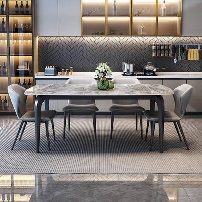轻6098奢式亮光岩板餐餐桌椅组合小户型家用现简约厅意代长方形吃