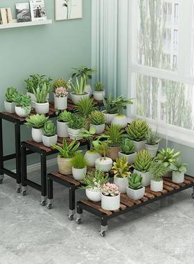 铁梯艺实木置物架带花架阳台F97MMM9T家用多阶式肉花盆架户外庭轮