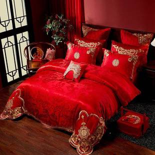 棉高8500端60支纯提花中刺绣全棉结婚四件套式床大红色被套单喜庆