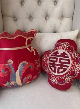 新品100床20972支长绒棉福字袋大红婚庆纯棉枕刺绣小抱子孙枕喜结