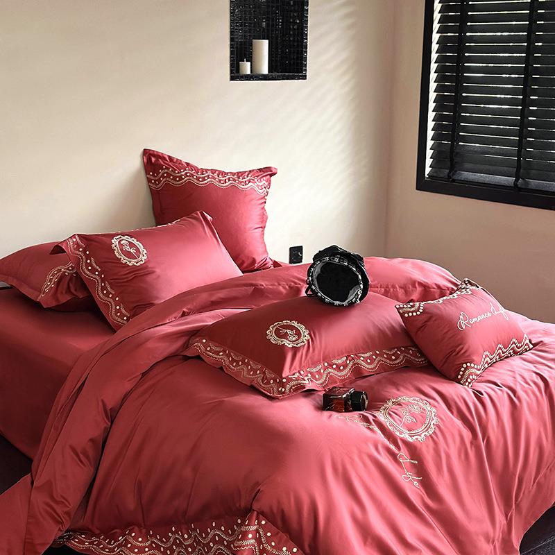 婚庆100S支长绒棉件四套简lb018约刺绣高红色用全棉被套纯棉结婚