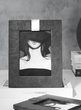 创意奢皮革相框摆台桌面室卧样板款房6寸7寸轻相架设84019计师装