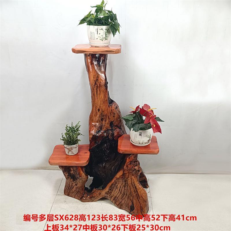 然实木根雕天花架体整树根摆件落地多层客厅鱼架缸原木CED花盆子