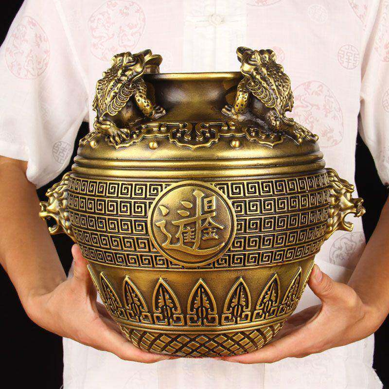 吉满堂纯铜仿古四方纳财聚宝盆摆件金蟾家居装饰品