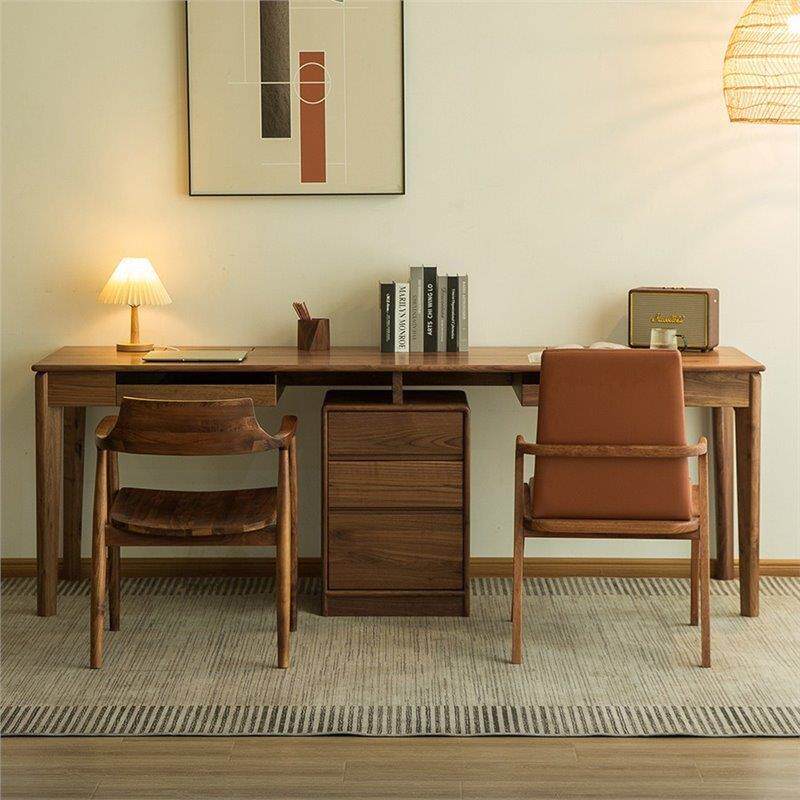 北欧黑胡桃实木双人靠墙电脑书柜一体学习写字长书桌现代轻奢家用