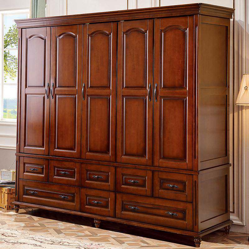 美式乡村实木衣柜现代简约3门4门5门仿古做旧带抽屉橡胶木大衣柜