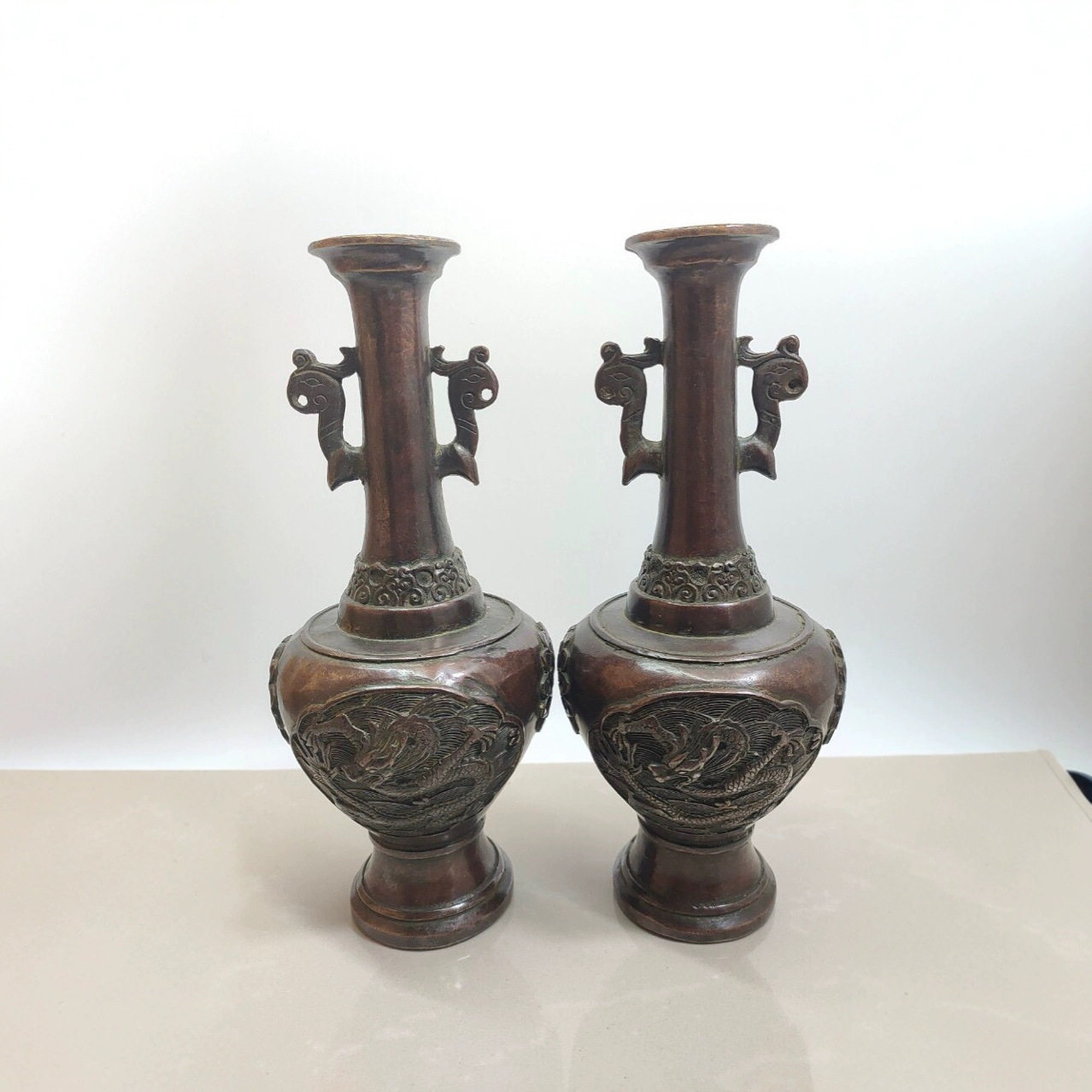 古玩批发仿古铜器双狮耳花瓶一对居家工艺品摆件