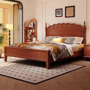 波浪涟漪法式复古实木床1.5米1.8主卧大床双人床中古风美式床黑色