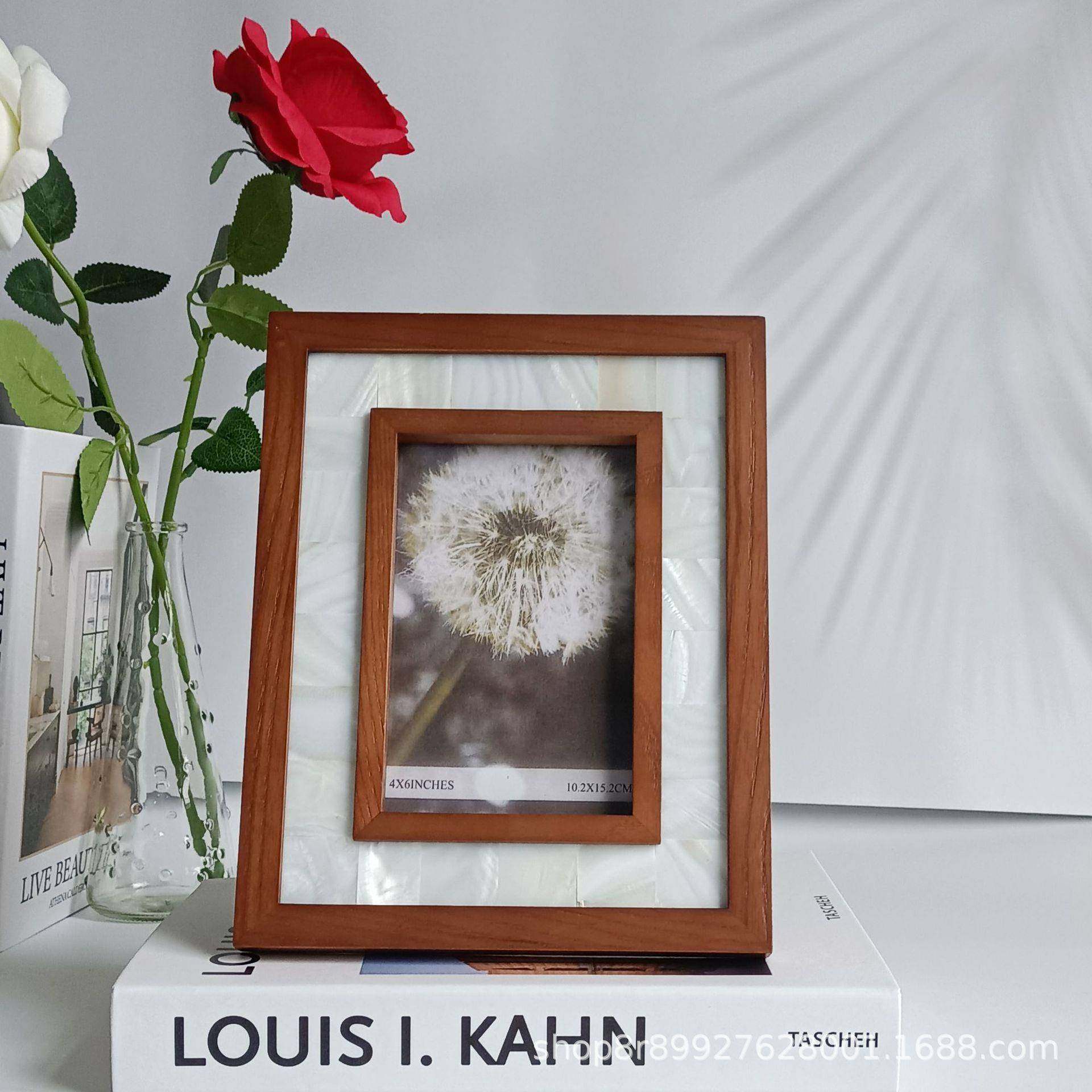 水曲柳实木镶嵌天然白贝横式竖式相框摆台，简约实木边框镶贝壳