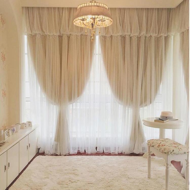 卧室窗帘网红款公主风女孩房遮光TAB挂钩落式隔间热防窗晒蕾丝飘
