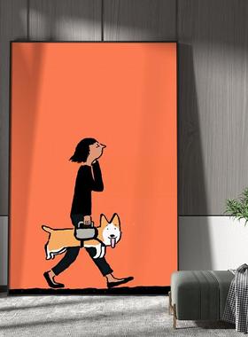 客CRH厅玄装饰画橙色女孩狗卡通柯房基小遛狗关儿童壁画艺术竖版