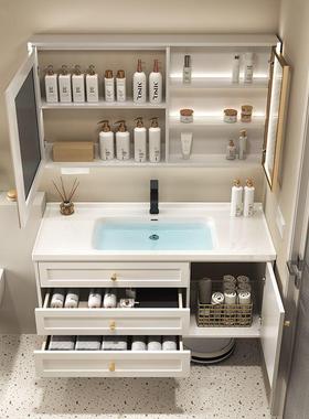 奶风卫能生间洗漱台一体台浴油室柜组盆合洗手池智FVB镜子挂墙落