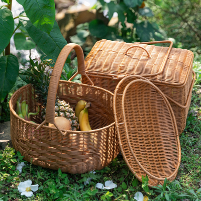 仿藤塑料编织野餐篮手提篮子创意带盖买菜篮水果零食筐手工拜神篮