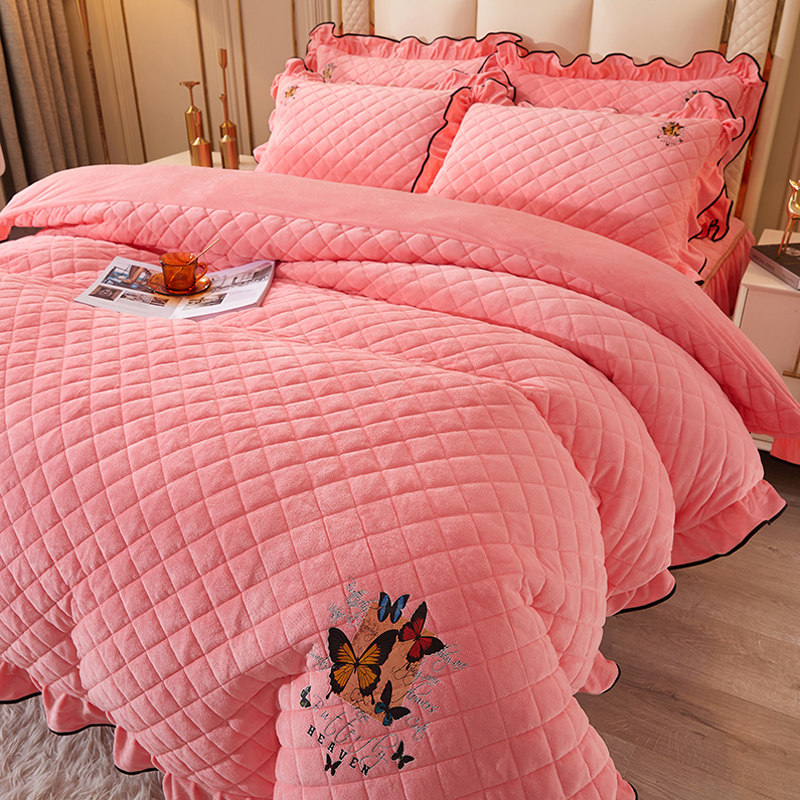 秋冬水晶绒夹棉加厚两用被套单件双面加绒珊瑚绒保暖花边毛绒被罩