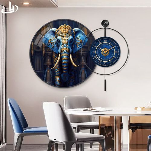 大象餐厅装饰画钟表挂钟高级感餐桌客厅带灯时钟挂画吉象2024新款