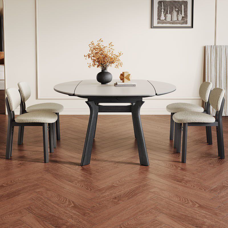 复古伸缩实木餐桌可变圆桌小户型1.2米黑色中古纯白哑光岩板餐桌