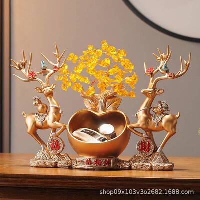 简约厅迁入居户进门玄关放钥匙收客纳招财鹿鞋柜上面双鹿收纳摆件