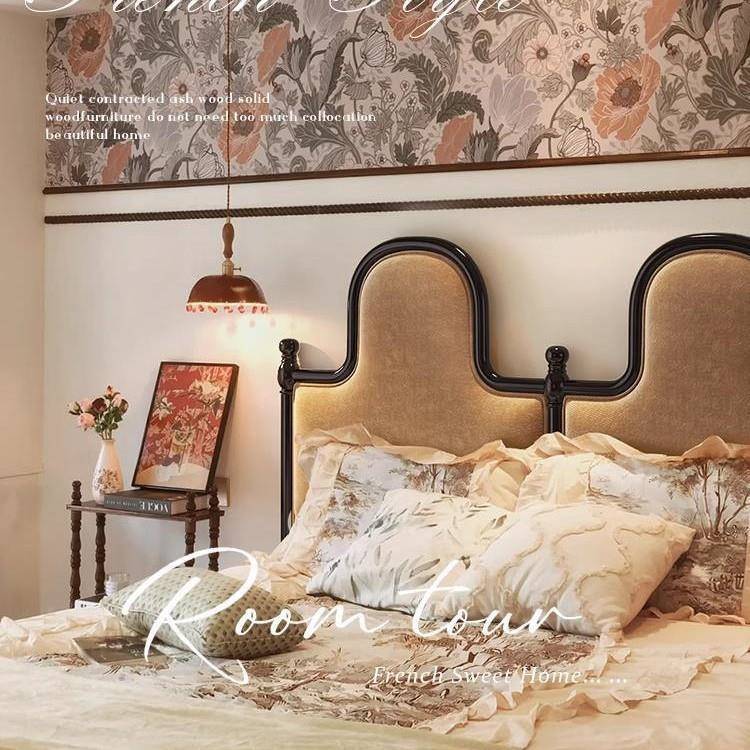 复古美法式床巴头靠背实木GDL床黑色黎床中古式风床主卧室公主大