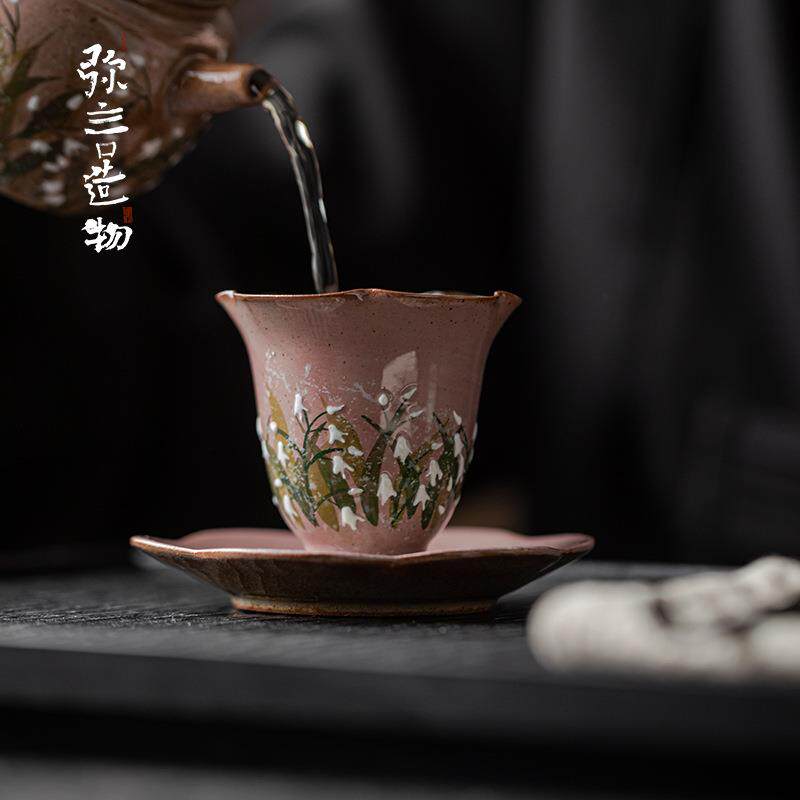 弥言纯手工粗陶花口花瓣茶杯家用主人杯纯手绘单杯日式品茗杯复古
