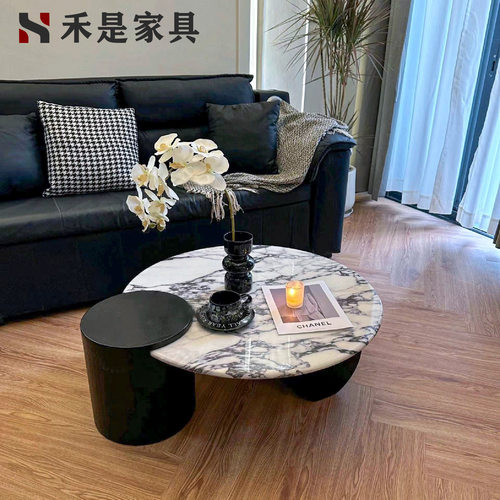 法式复古设计师款圆形大理石茶几客厅家用小户型轻奢意式现代简约