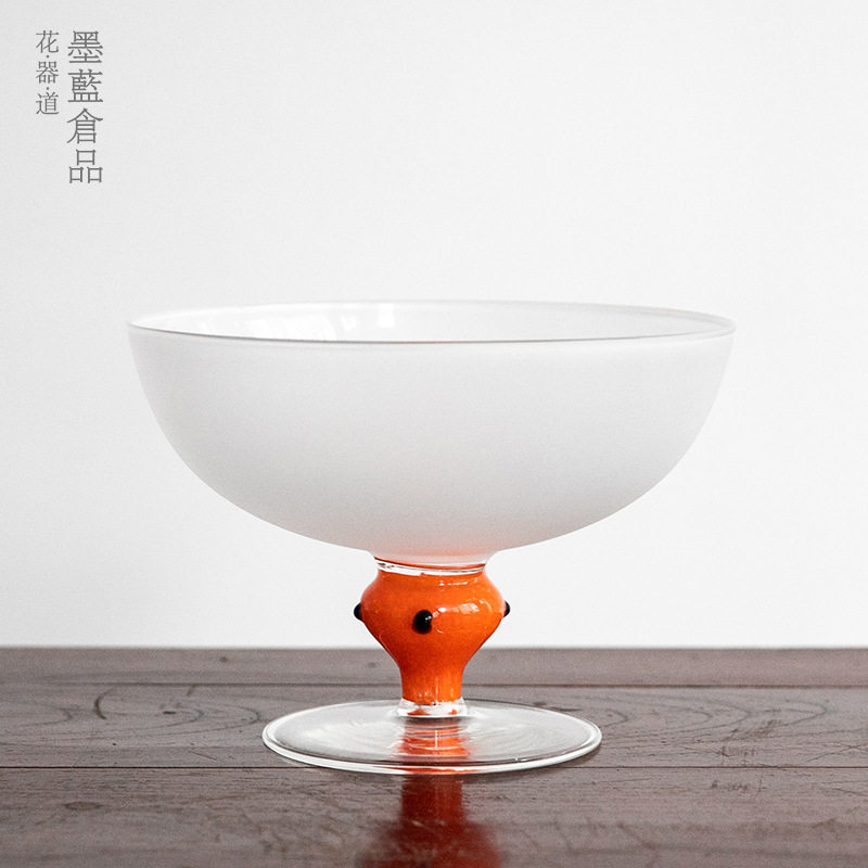 磨砂玻璃透明果盘花器日式花道插花器皿花盘高脚小原流盛花花器
