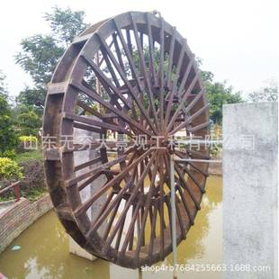 钢木结构仿古电动流水脚踏水车木制传统景观工艺品装 饰道具摆件