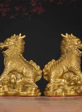 纯铜护宝麒麟摆件一对大小号铜麒麟客厅电视柜乔迁开业家居装饰品
