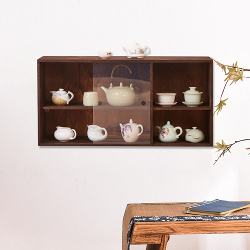 实木博古架多宝阁桌面防尘收纳柜移门茶具架茶杯架壁挂吊柜书橱架