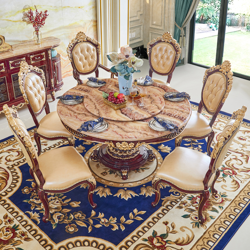 欧式圆桌 美式别墅餐厅大理石带转盘实木雕花描金银圆形家用饭桌