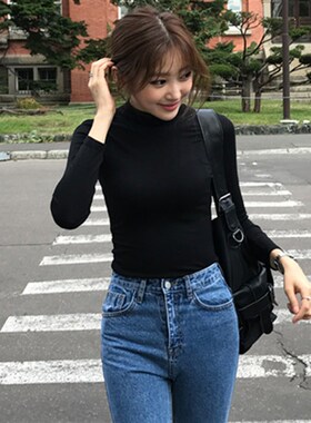 纯棉黑色小半高领打底衫女长袖t恤秋冬内搭修身紧身中领百搭上衣