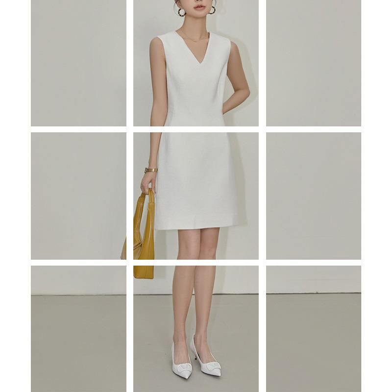 2023春秋新款职业时尚无领收腰白色高级感西装连衣裙女修身两件套