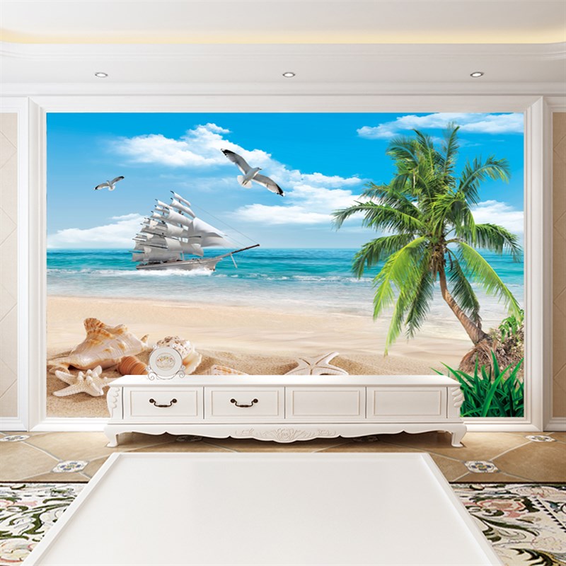 自粘墙纸海景风景贴纸3D立体墙贴客厅装饰墙画电视背景墙壁纸贴画