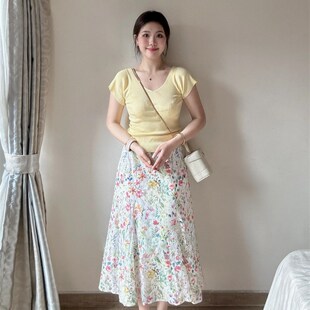 微胖MM莫奈油画碎花半身裙女夏季法式绝美气质温柔风穿搭一整套装