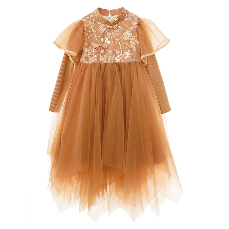 童改良版中国风2024冬季新款中大童中长款亮片加绒礼服旗袍连衣裙