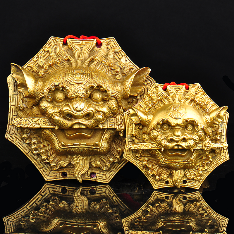 普生缘大小纯铜狮咬剑铜狮子兽头摆件挂件门饰家居客厅装饰品