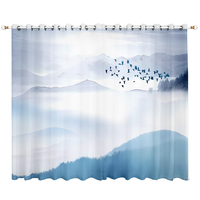 新中式窗帘遮光中国风景古典山水墨画客厅遮阳透光不透人纱帘隔断