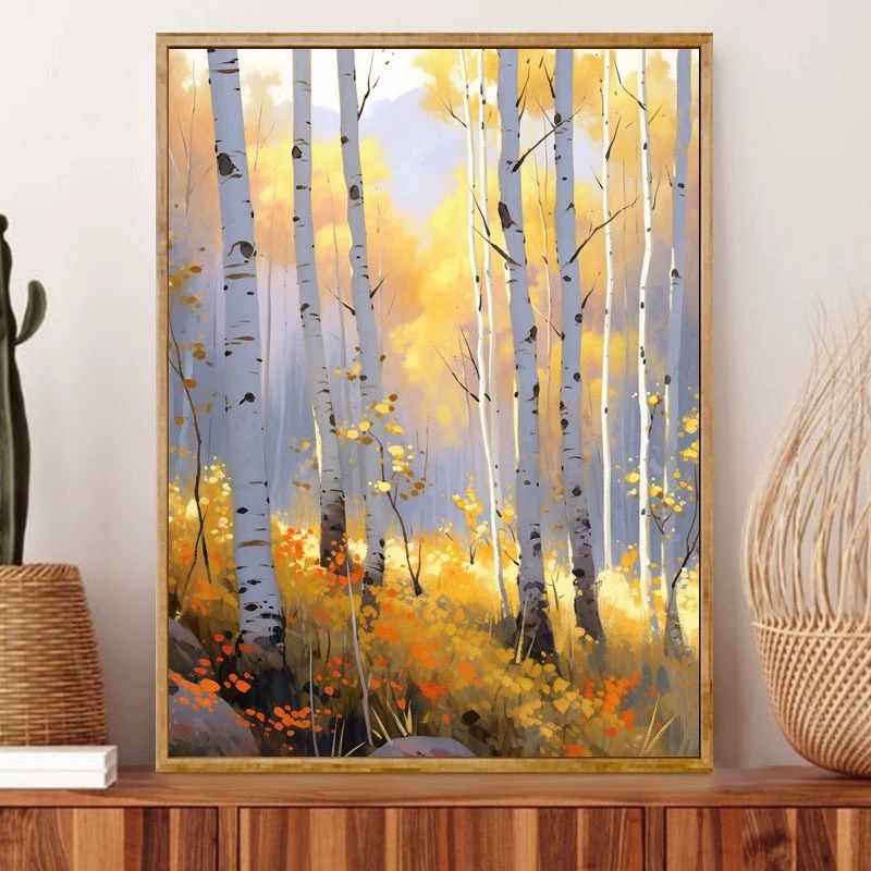白桦林数字油画diy手绘手工填色丙烯画油彩挂壁画装饰画