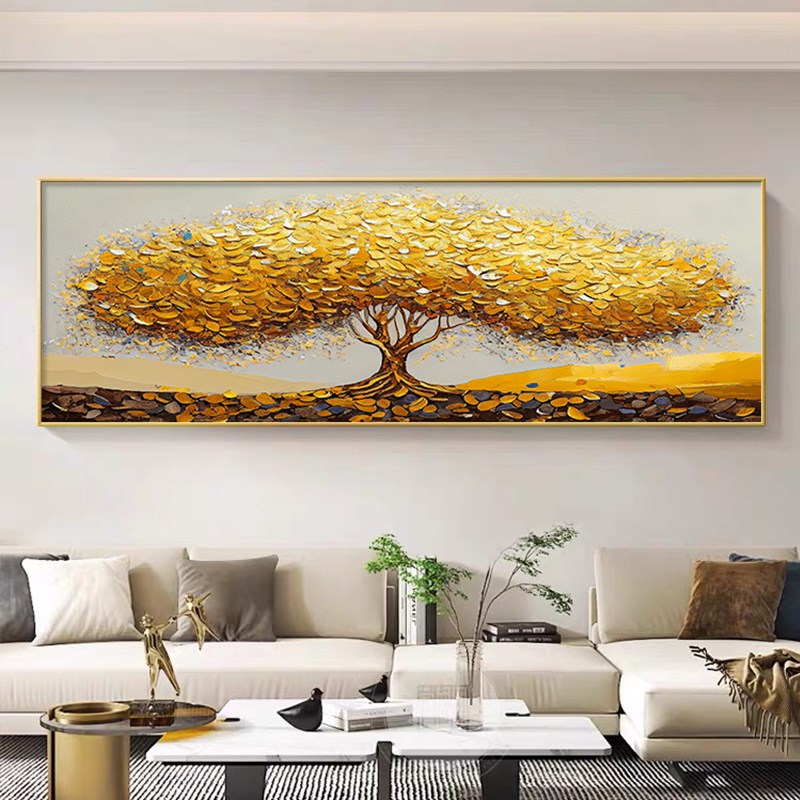 金色的发财树客厅装饰画横幅大尺寸招财树餐厅挂画沙发背景墙壁画