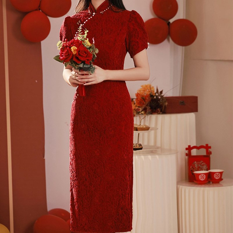 新中式旗袍敬酒服复古改良高端红色蕾丝结婚礼服女春订婚连衣裙