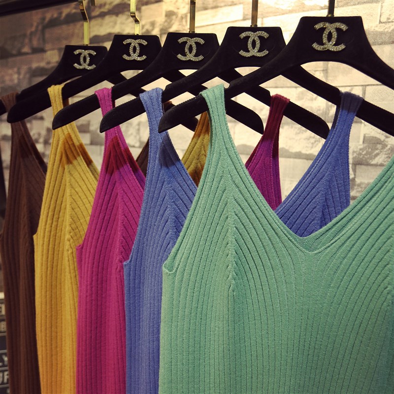 春季宽松过膝中长款针织吊带背心连衣裙女V领无袖内搭打底毛衣裙