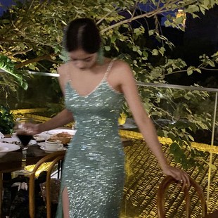 绿色亮片晚礼服高级感修身性感闪闪小吊带裙礼服裙生日party小礼