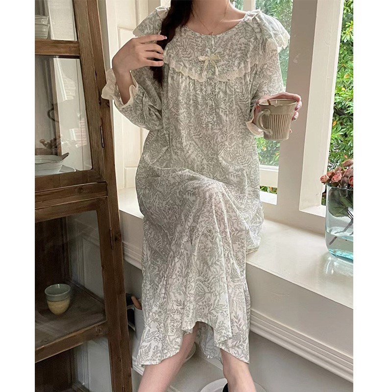 Public re Public韩国春夏简约复古花卉花边长袖睡衣睡裙家居服女