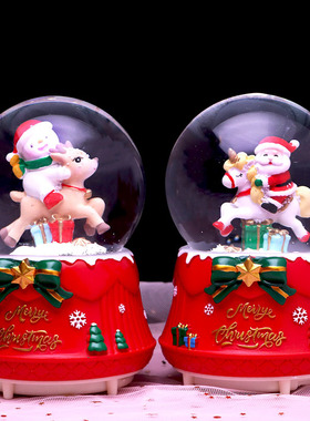耶诞节发光水晶球耶诞木马雪人老人音乐盒玻璃球桌面摆件礼物女孩
