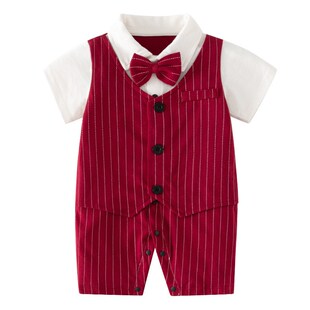 红色喜庆百天礼服满月服男宝宝连体衣婴儿衣服西装周岁服一岁夏装